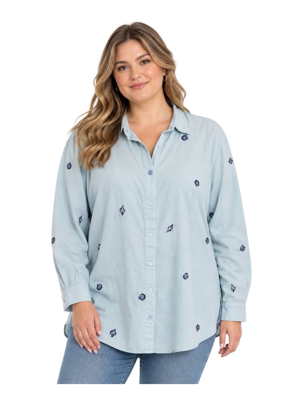 NWT Jane + Delancey Blue Shell Embroidered Button Down Shirt Sz 1X Cottage Core